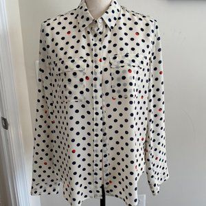 Sanctuary Silk Blouse, Navy and Coral Polka Dots, Sz Small. Excellent Condition